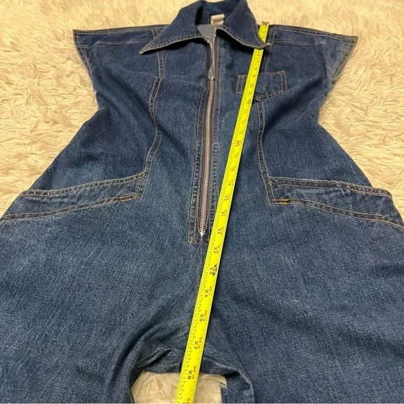 1970s Denim Jumpsuit Collared With Pockets Wide Leg Stretch Waist No Size C Pics - Picture 14 of 16